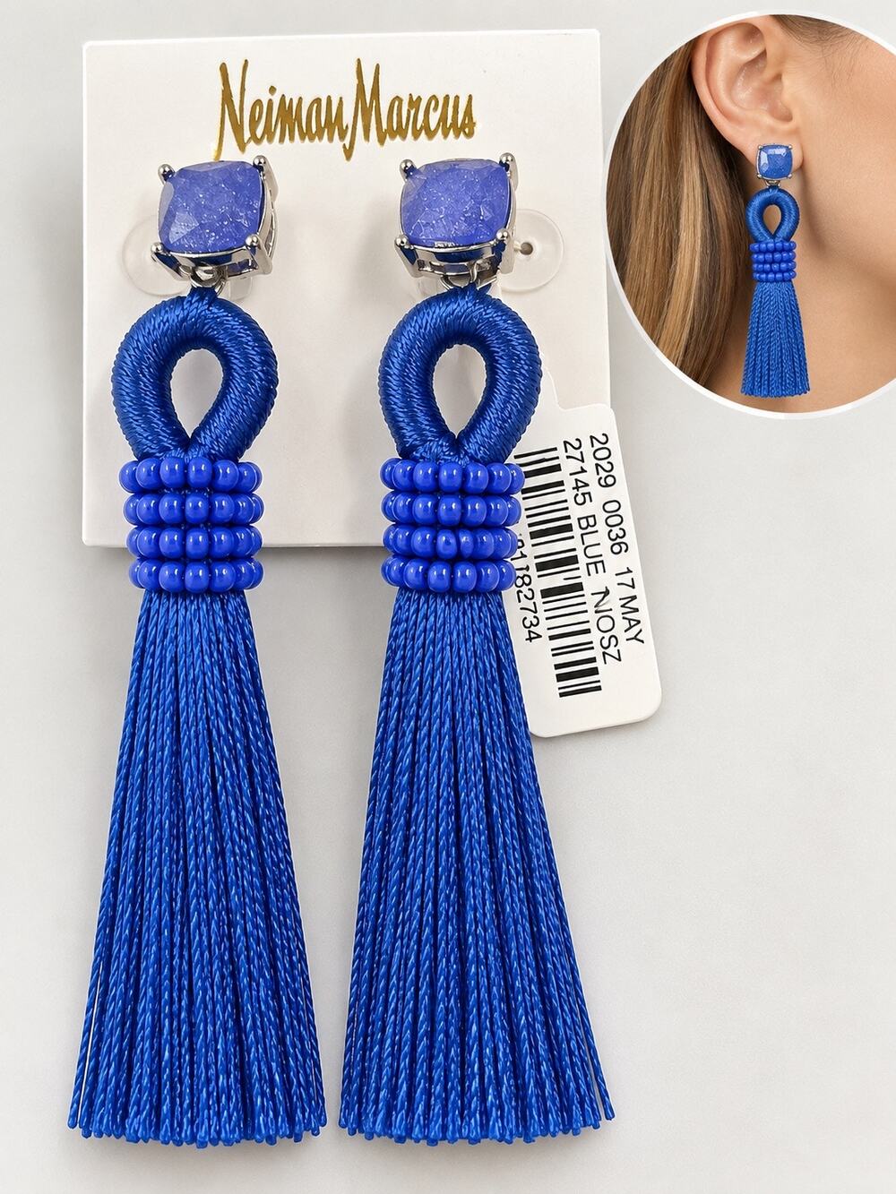 Neiman Marcus Blue Beaded Tassel Statement Drop Earrings NWT Royal dangle gift